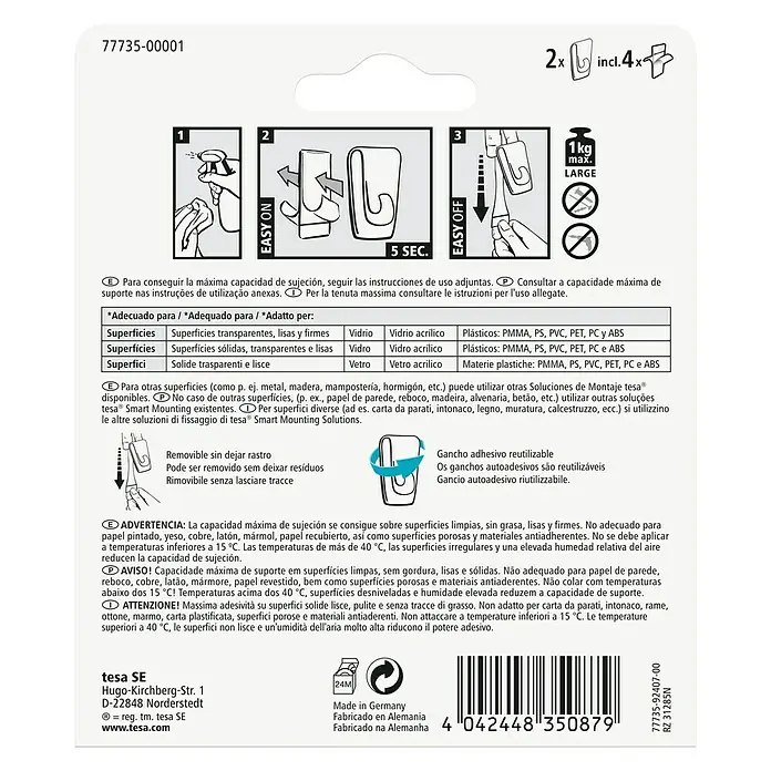 Tesa Colgador adhesivo - Transparente, Carga soportada: 1 kg, 2 ud. - Instrucciones para usar los ganchos Tesa reutilizables y autoadhesivos, con capacidad de hasta 1 kg.