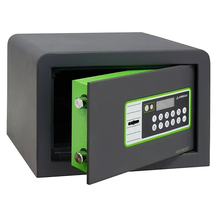 Arregui Caja fuerte Supra 240010 - L x An x Al: 31 x 20 x 20 cm, Tipo de bloqueo: Códigos de usuario, 8 l - Caja fuerte gris con puerta verde abierta, equipada con un teclado digital para el almacenamiento seguro de objetos de valor.