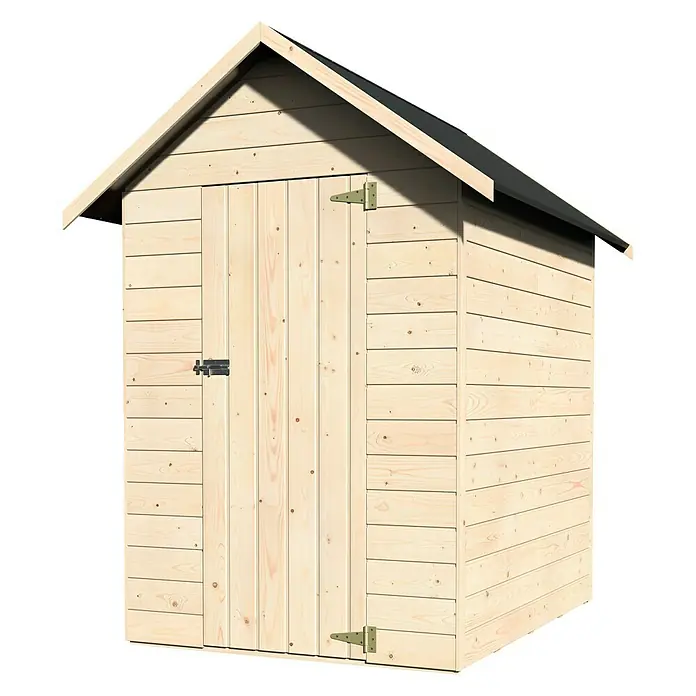 Décor et Jardin Gerätehaus Ambeal - Außenmaß inkl. Dachüberstand (B x T): 149 x 182 cm, Wandstärke: 12 mm, Natur - Geräumiges Gartenhaus aus hellem Holz mit dunklem Satteldach, ideal zur Aufbewahrung von Gartengeräten und Werkzeugen. Praktischer Stauraum für den Garten.