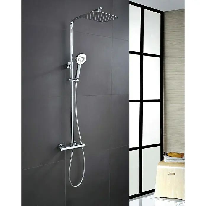 Imex Sistema de ducha Praga - Con grifo termostático, Número de tipos de chorro: 3 ud., Cromo - Sistema de ducha cromado con rociador superior y de mano para un diseño de baño moderno.