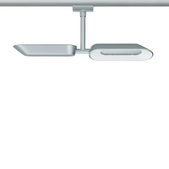 Paulmann URail Regleta LED para riel Dipper - 16 W - Esta imagen muestra una moderna luminaria de carril plateada con dos pantallas de diferentes formas montadas en un carril.