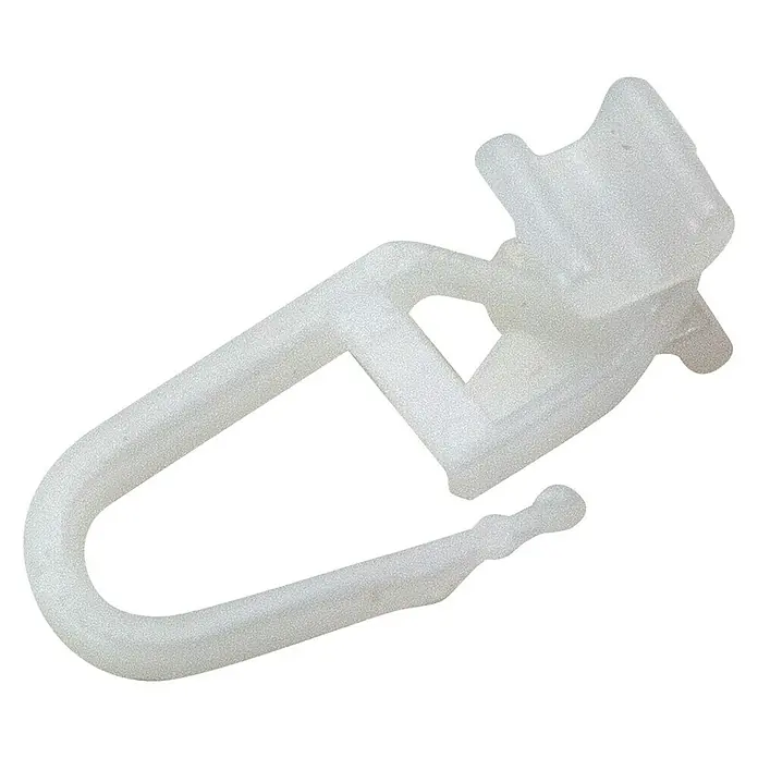 Expo Ambiente X-Gleiter - Weiß, Geeignet für: Ø 16, Ø 20, Ø 25, 18 x 18, 87 x 16 mm Profile, 25 Stk. - Nahaufnahme eines weißen Gardinenhakens aus Kunststoff mit einer Schlaufe und einem Clip.