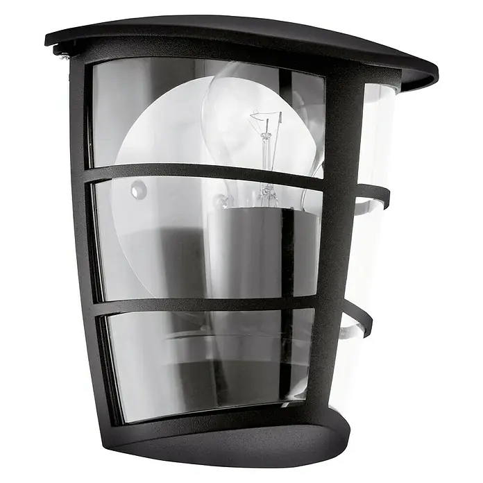 Eglo Aloria Aplique exterior - 60 W, 12 x 18 x 20 cm, Negro, IP44, Pared - Primer plano de una lámpara de pared exterior negra con cristal transparente y una bombilla en su interior, ideal para iluminar espacios exteriores.