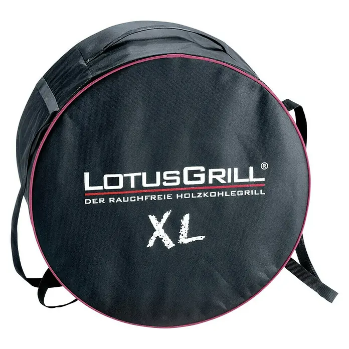 LotusGrill Holzkohlegrill XL - Durchmesser Grillfläche: 43 cm, Pflaumenlila - Tragetasche für LotusGrill XL. Die runde Tasche ist schwarz mit rotem Rand und Logo. Ideal für Transport und Lagerung des Grills.