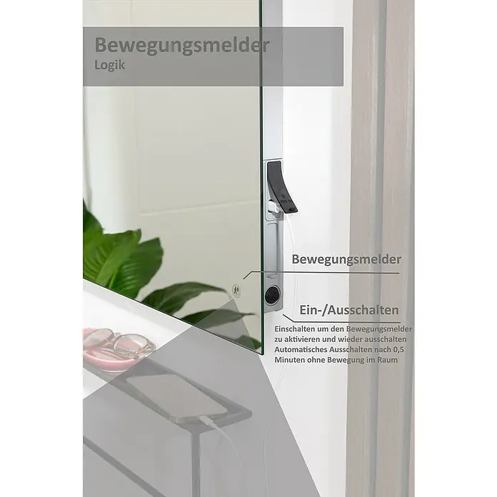 Camargue Lichtspiegel Akku - 50 x 70 cm, Mit Lithium-Ionen Sekundärbatterie - Nahaufnahme eines Spiegelschranks mit Bewegungsmelder und Ein-/Ausschalter. Der Spiegel hat eine klare und moderne Optik.