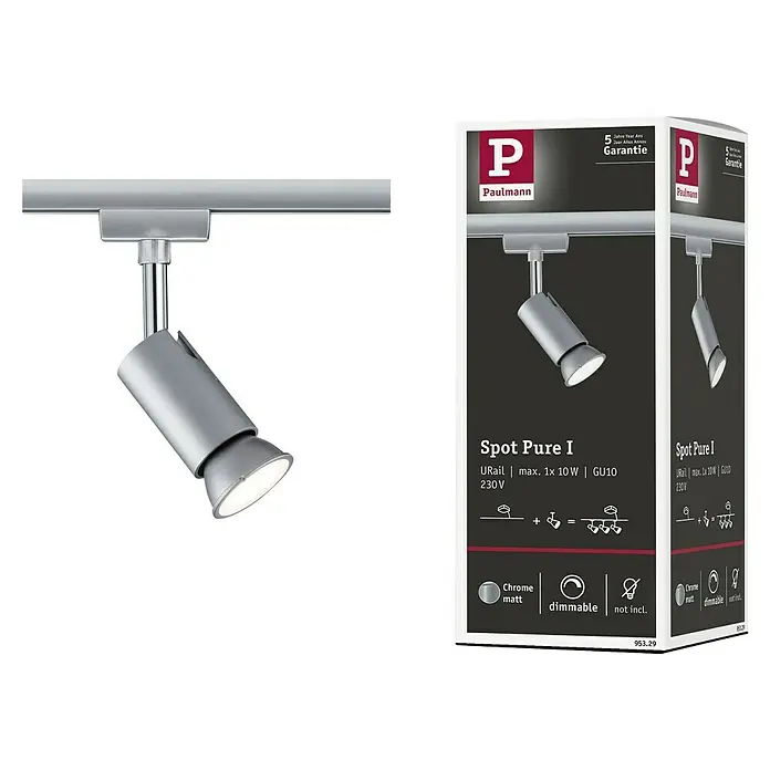 Paulmann URail Deckenstrahler Pure I - L x B x H: 6,6 x 5,8 x 11 cm, GU10, Chrom - Produktbild einer Paulmann Spot Pure I U-Rail Lampe in Chrom matt. Die Lampe ist dimmbar und für max. 1x10W GU10, 230V geeignet.