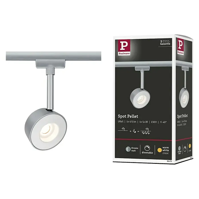 Paulmann URail Foco LED para riel Pellet - 4 W, Color de luz: Blanco cálido - El Paulmann URail Spot Pellet, una luz cromo-mate para sistemas de iluminación flexibles, presentado en su embalaje.