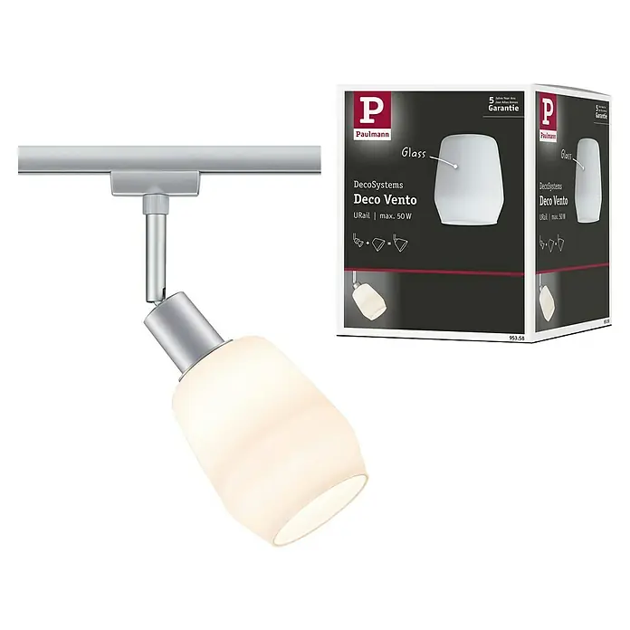 Paulmann DecoSystems Pantalla de lámpara Vento - Diámetro: 8 cm, Satin, Vidrio, Redonda - Vista del producto de la lámpara Paulmann Deco Vento URail, máx. 50W, mostrando un acento plateado y el embalaje del producto a juego al fondo.