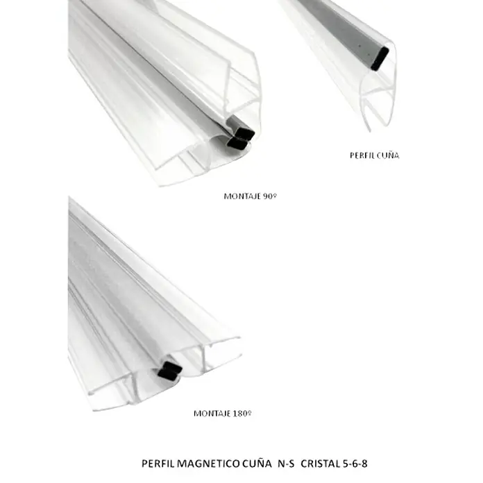 Perfil de sellado magnético cuña S - 200 x 1,06 x 2,55 cm, Transparente - Perfil magnético cuña N-S Cristal 5-6-8 para montaje de vidrio en versiones de 90° y 180°, así como perfil cuña separado.