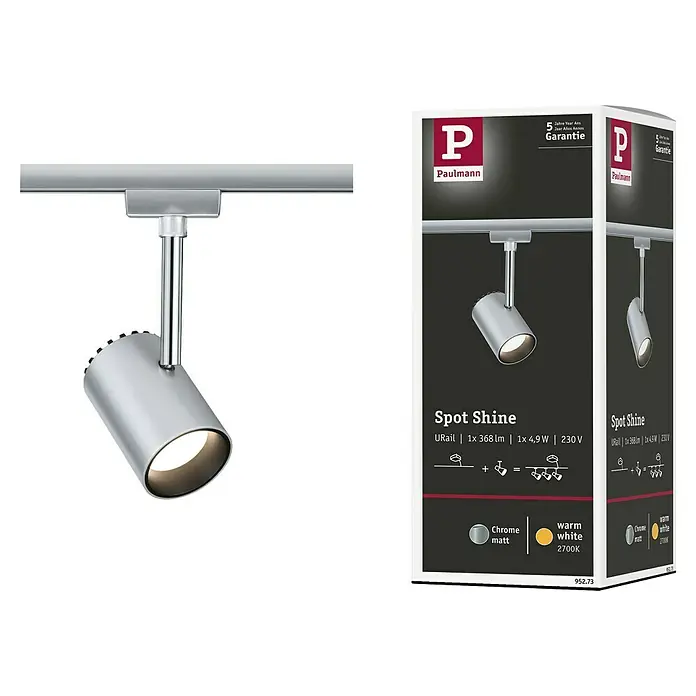 Paulmann URail LED-Leuchte Shine - L x B x H: 9 x 5,9 x 18 cm, 5 W, Chrom matt - Produktbild einer Paulmann Spot Shine URAIL Lampe in Chrom matt und warmweißem Licht, ideal für flexibles Beleuchtungssystem.