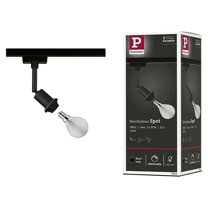Paulmann URail Foco LED para riel DecoSystems - Portalámparas: E14, Color: Negro - Imagen del producto del foco Paulmann Urail DecoSystems, negro mate, para sistemas Urail con bombilla máx. 1x20W E14 (no incluida).