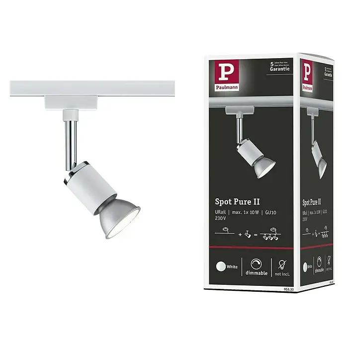 Paulmann URail Regleta Pure II - L x An x Al: 11 x 5,8 x 6,6 cm, GU10, Blanco - Imagen de una lámpara Paulmann Spot Pure II con sistema U-Rail y embalaje del producto.