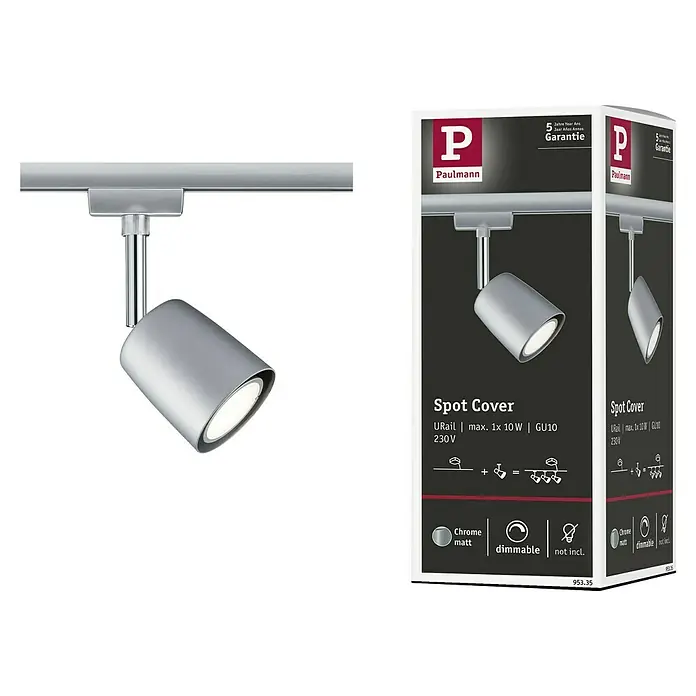 Paulmann URail Foco LED para riel Cover - 10 W, Cromo, GU10 - Imagen del producto del Paulmann URail Spot Cover, cromo mate, regulable, bombilla no incluida. Apto para máx. 1x10W GU10 230V.