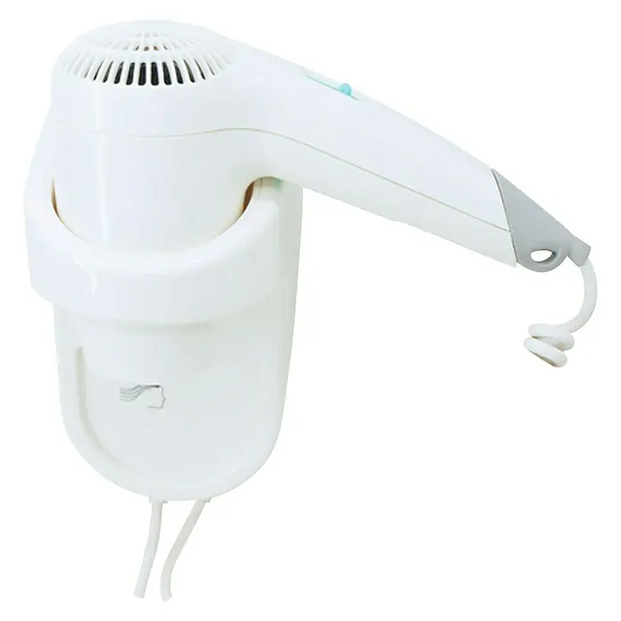 CM Baños Secador de pelo - Plástico, Blanco - Un secador de pelo blanco, montado en la pared con un cable en espiral y un lazo para colgar para un fácil almacenamiento.