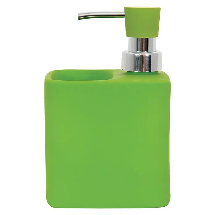 MSV Dispensador de jabón Malaga Soft-Touch - L x An x Al: 95 x 95 x 15 cm, Cerámica, Verde - Dosificador de jabón verde con bomba cromada y porta esponjas o cepillos integrado para el fregadero.