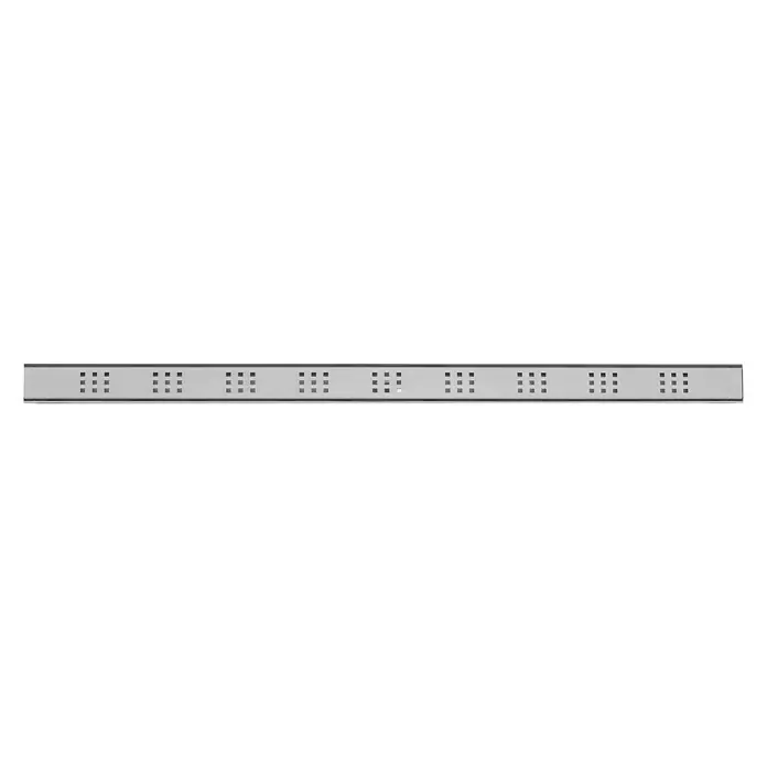 Camargue Plato de ducha de obra con canal sifónico y rejilla perforada - 120 x 6,9 cm (canalón), Acero inoxidable - La imagen muestra una tapa larga y estrecha con aberturas cuadradas, ideal para baños o áreas de ducha.
