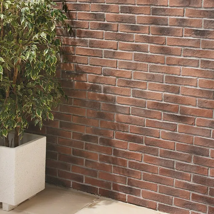 Revestimiento de piedra Mediterráneo Teja - 24 x 5,5 x 2,5 cm - Primer plano de una pared de ladrillos con una planta en maceta, ideal para fondos o texturas.