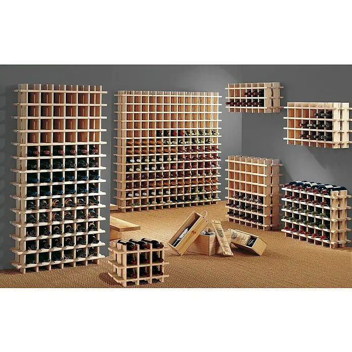 Astigarraga Estantería para botellas Rioja - L x An x Al: 75 x 22 x 75 cm - Varios botelleros de madera de diferentes tamaños, algunos llenos de botellas de vino y otros vacíos.