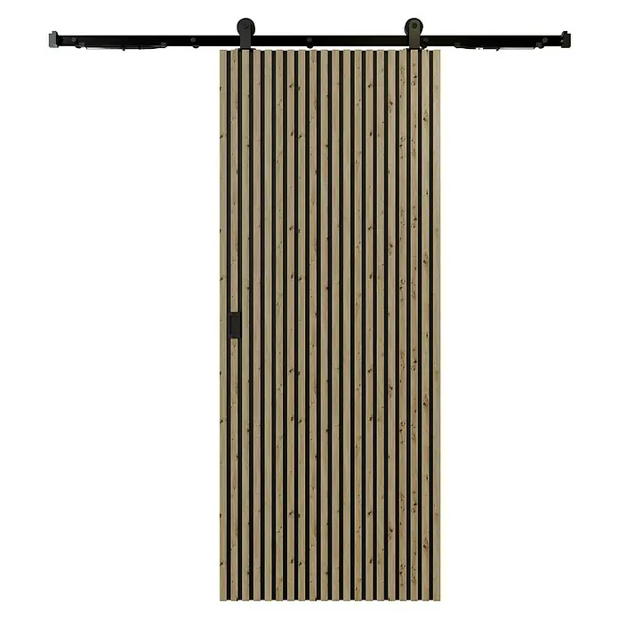 Radex Schiebetür-Komplettset Lamello - 98,5 x 211 cm, Holz, Eiche Artizan - Ein Holzschiebetür mit Lattenstruktur und schwarzem Beschlagssystem. Die Tür hat einen modernen Look durch die hellen Holzlatten und den Kontrast.