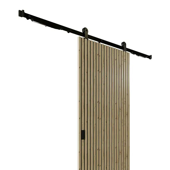 Radex Schiebetür-Komplettset Lamello - 86 x 211 cm, Holz, Eiche Artizan - Schiebetür aus hellem Holz mit vertikalen Lamellen und schwarzer Schiene. Ideal für moderne Wohnräume und Büros.