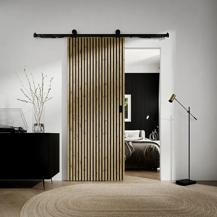 Radex Schiebetür-Komplettset Lamello - 98,5 x 211 cm, Holz, Eiche Artizan - Holzschiebetür mit Lamellenstruktur, die einen modernen Raum perfekt ergänzt. Das Design bietet Privatsphäre und Lichtdurchlässigkeit.