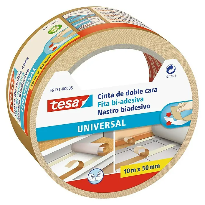 Tesa Cinta de doble cara Universal Moquetas - 50 mm x 10 m, Beige - Cinta de doble cara Tesa Universal, 10m x 50mm. Ideal para diversas aplicaciones domésticas y de bricolaje.