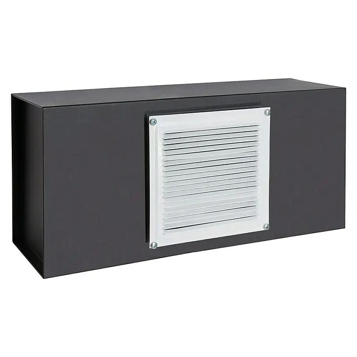 Arregui Grid Caja fuerte empotrable 13000W-S1 - L x An x Al: 40 x 13 x 20 cm, Tipo de bloqueo: Llave, 12 l - Primer plano de un ventilador de pared rectangular gris con una rejilla de ventilación blanca en el medio.