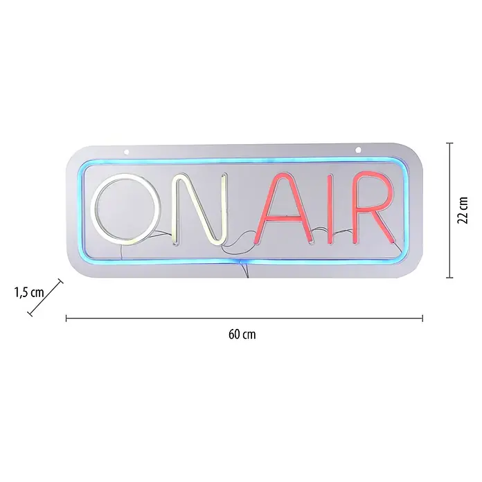 Just Light LED-Dekoleuchte Neon On Air - Neon On Air, L x B x H: 8,5 x 29,5 x 24 cm, Batteriebetrieben - Das Bild zeigt ein rechteckiges "On Air"-Schild mit Neonbuchstaben und blauer LED-Umrandung, inklusive Maßangaben.