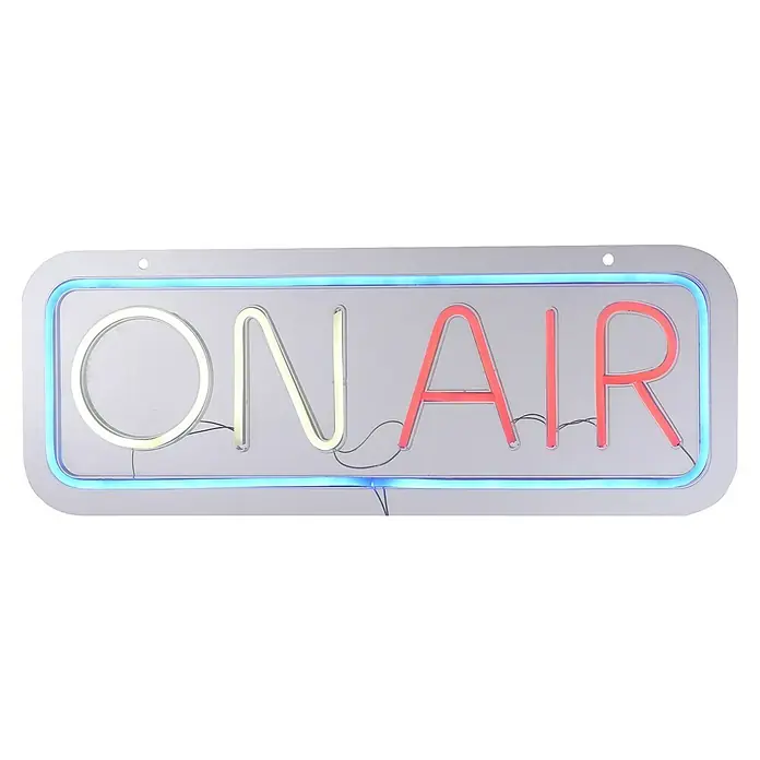 Just Light LED-Dekoleuchte Neon On Air - Neon On Air, L x B x H: 8,5 x 29,5 x 24 cm, Batteriebetrieben - Diese Aufnahme zeigt ein rechteckiges "On Air"-Schild mit blauen und roten Lichtern und abgerundeten Ecken für einen modernen Look.