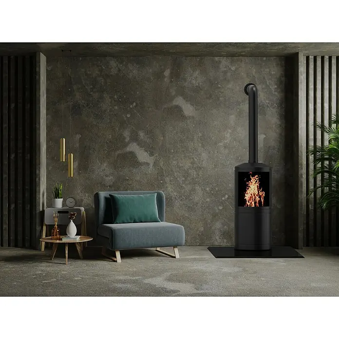 Valo Glasbodenplatte - 100 x 120 cm, Rechteckig, Schwarz - Ein modernes Wohnzimmer mit einem eleganten schwarzen Kaminofen, der Wärme und Stil in den Raum bringt.