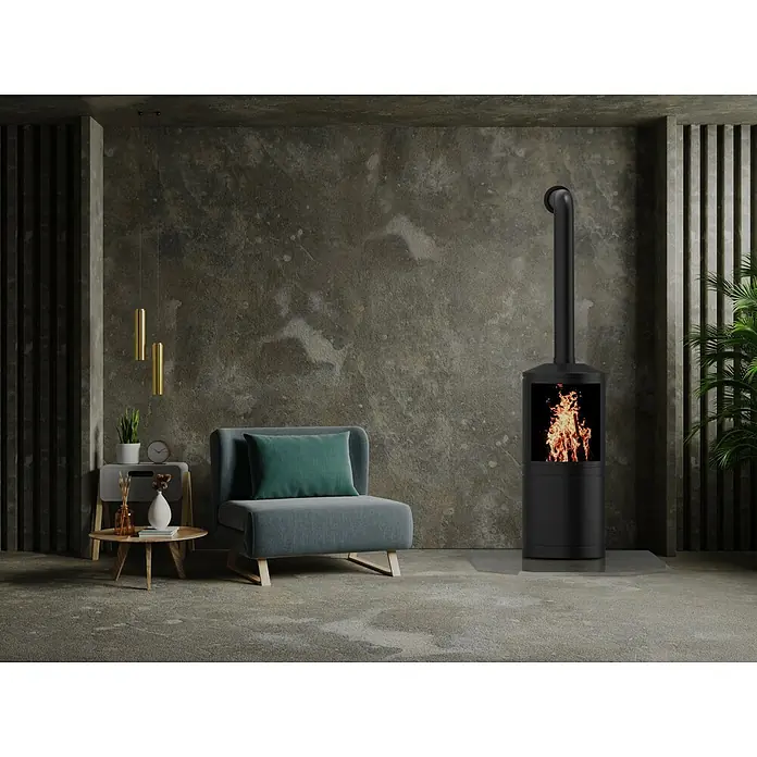 Valo Glasbodenplatte - 100 x 120 cm, Sechseckig - Elegantes Interieur mit einem modernen Kamin, der Wärme und Stil in den Raum bringt. Bequemer Sessel und geschmackvolle Deko ergänzen das Ambiente.