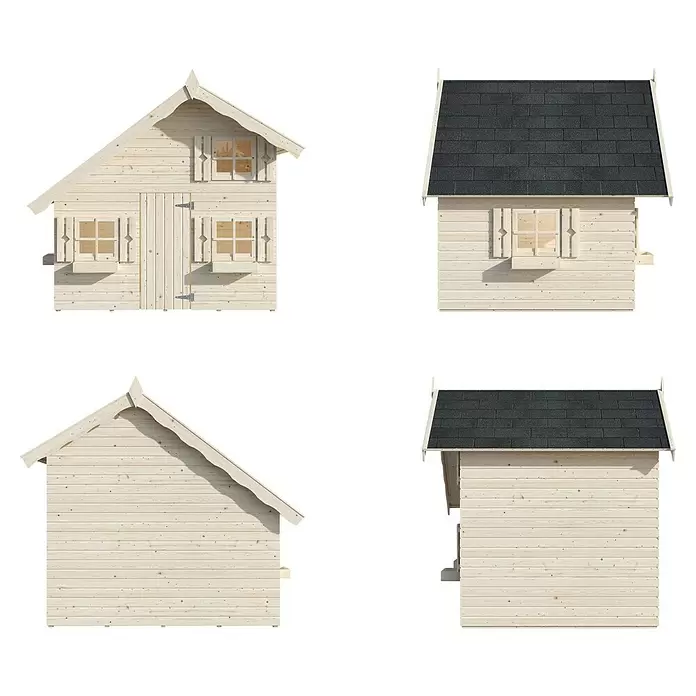 Palmako Caseta infantil Tom con altillo - L x An x Al: 180 x 220 x 228 cm, Vidrio, Natural - Casita de madera clara con techo oscuro, mostrada desde cuatro ángulos.