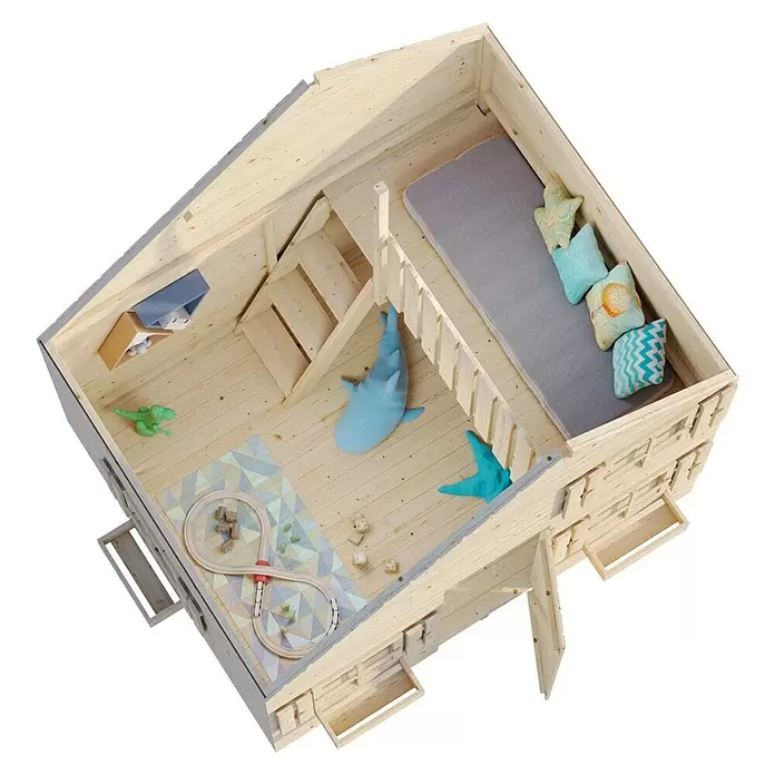 Palmako Caseta infantil Tom con altillo - L x An x Al: 180 x 220 x 228 cm, Vidrio, Natural - Vista cenital de un interior de casita de juegos de madera natural con cama, escaleras y alfombra con juguetes como un tren y peluches.
