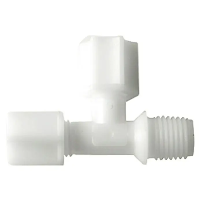 Bb agua Conector en T postfiltro - Polipropileno, ¼″ - Primer plano de una T de plástico blanca, diseñada para instalaciones de fontanería y tuberías de agua.