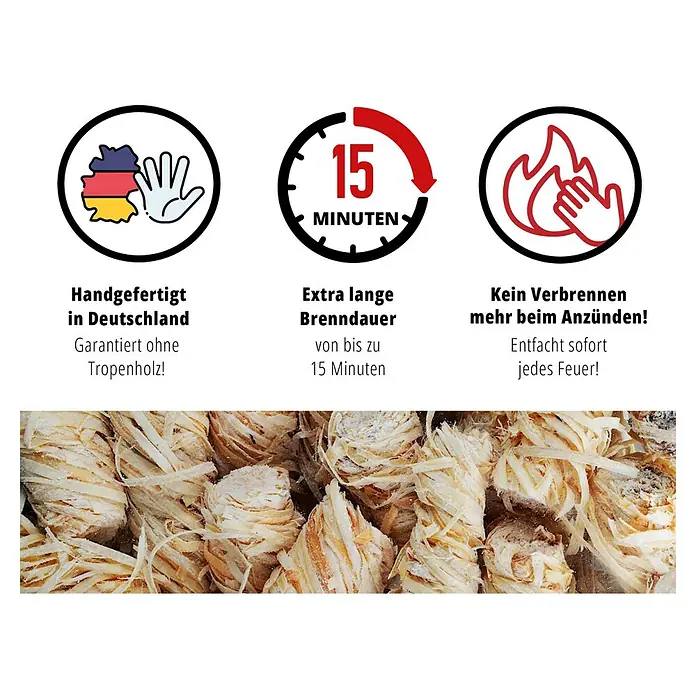 Valo Anzünder - Holz, 80 Stk. - Anzünder-Produktbild mit den Vorteilen: Handgefertigt in Deutschland, lange Brenndauer von 15 Minuten, kein Verbrennen beim Anzünden.