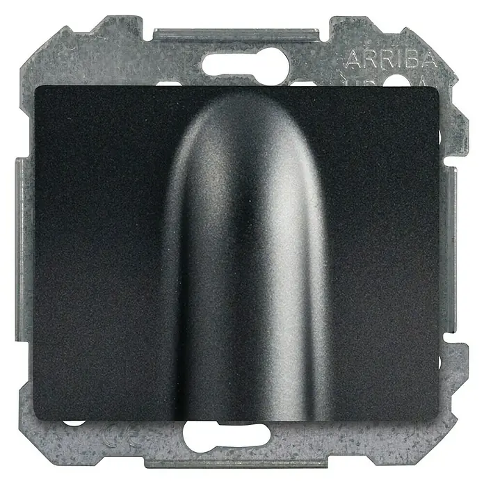 Siemens Delta Iris Tapa para mecanismo salida cables - Negro, Plástico - Primer plano de un interruptor de luz ARRIBA con un elegante botón negro y un marco metálico robusto, que ofrece una estética moderna.