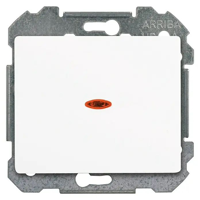 Siemens Delta Iris Conmutador con luz - Blanco - Primer plano de un interruptor de luz Arriba blanco con luz indicadora roja, enmarcado en metal plateado.