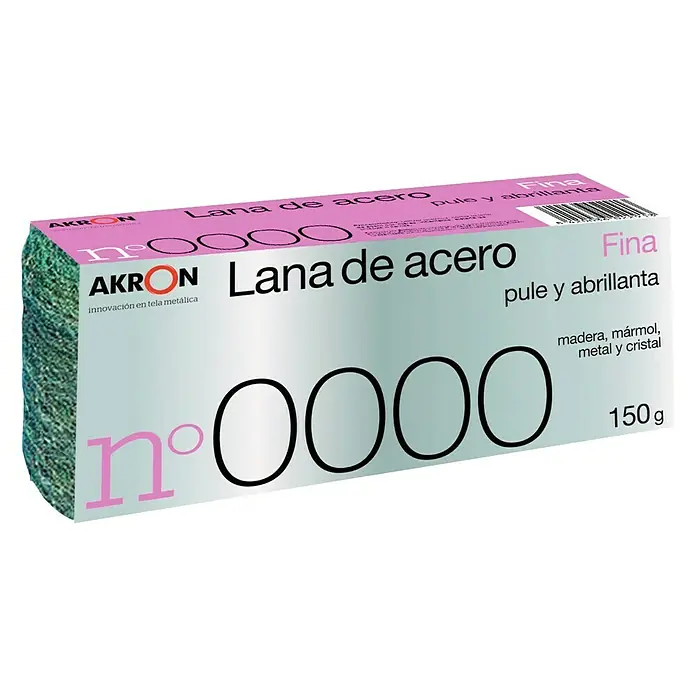 Lana de acero Fina - 150 g - Un paquete de lana de acero "Fina" de Akron para pulir e iluminar madera, mármol, metal y vidrio con un contenido de 150 g.