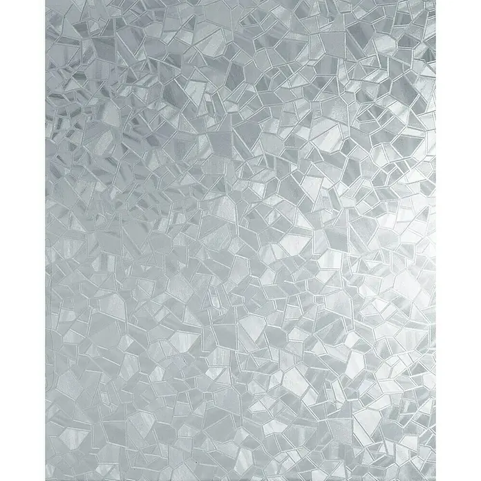 D-c-fix Static Glasfolie Splinter - 150 x 90 cm, Transluzent, Statisch haftend - Nahaufnahme einer strukturierten, silberfarbenen Glasfolie, die ein Mosaikmuster aus unregelmäßigen geometrischen Formen zeigt.