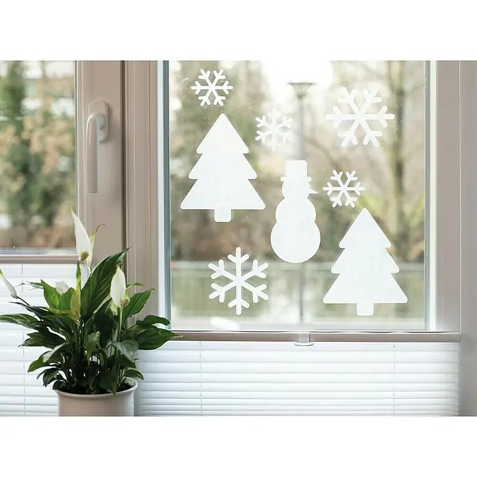 D-c-fix Static Premium Glasfolie150 x 67,5 cm, Milchglas, Frost, Statisch haftend - Dekorative Fensterfolie mit winterlichen Motiven. Die Fensterfolie zeigt Weihnachtsbäume, Schneeflocken und einen Schneemann.