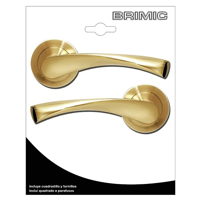 Micel Conjunto de picaporte R-707 LS - Aluminio, Latón satinado - Imagen de un blíster con dos manijas BRIMIC de color dorado.