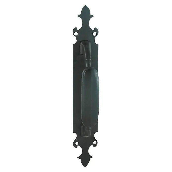 Micel Tirador alargado 24216 - Largo: 275 mm - Manija de tracción negra con placa decorativa, perfecta para puertas y portones rústicos. Diseño robusto para exteriores.