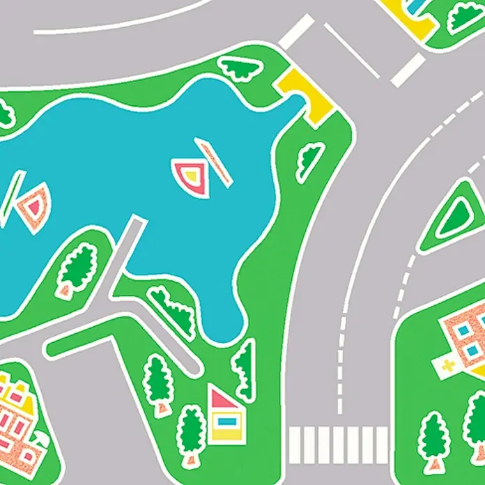 Tarkett Moqueta a metros Calles - Ancho: 2 m, Poliamida, Multicolor - Un mapa estilizado con un lago, edificios y carreteras, perfecto para la exploración lúdica.