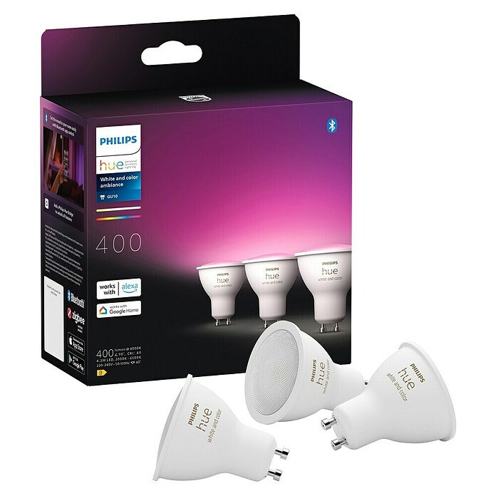 Philips Hue Smart-ledlamp - Set van 3 (GU10, Dimbaar, RGBW, 400 lm, 4,2 W, 3 st.) | BAUHAUS