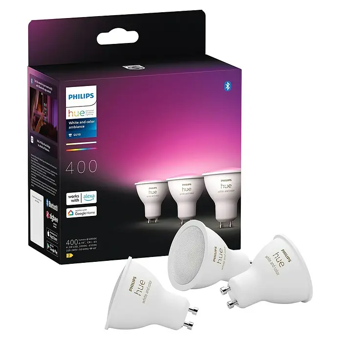 Philips Hue Smart-LED-Lampe White & Color Ambiance - GU10, Dimmbar, RGBW, 400 lm, 4,2 W, 3 Stk. - Philips Hue GU10 400 White and Color Ambiance Starterset mit vier smarten LED-Lampen für individuelle Beleuchtung und Atmosphäre.
