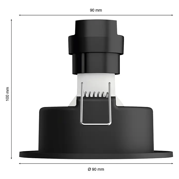 Philips Hue LED-Einbauspot White Ambience Recessed Milliskin - 4,2 W, Ø x H: 9 x 10 cm, Alu, 1 Stk., Kaltweiß - Produktbild einer schwarzen LED-Einbauleuchte mit den Maßen 90 mm x 90 mm (Durchmesser) x 100 mm.