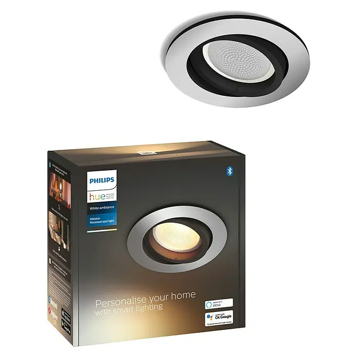 Philips Hue LED-Einbauspot White Ambience Recessed Milliskin - 4,2 W, Ø x H: 9 x 10 cm, Alu, 1 Stk., Kaltweiß - Das Bild zeigt eine Philips Hue Milliskin Einbauleuchte mit Smart Lighting, perfekt für ein intelligentes Zuhause.