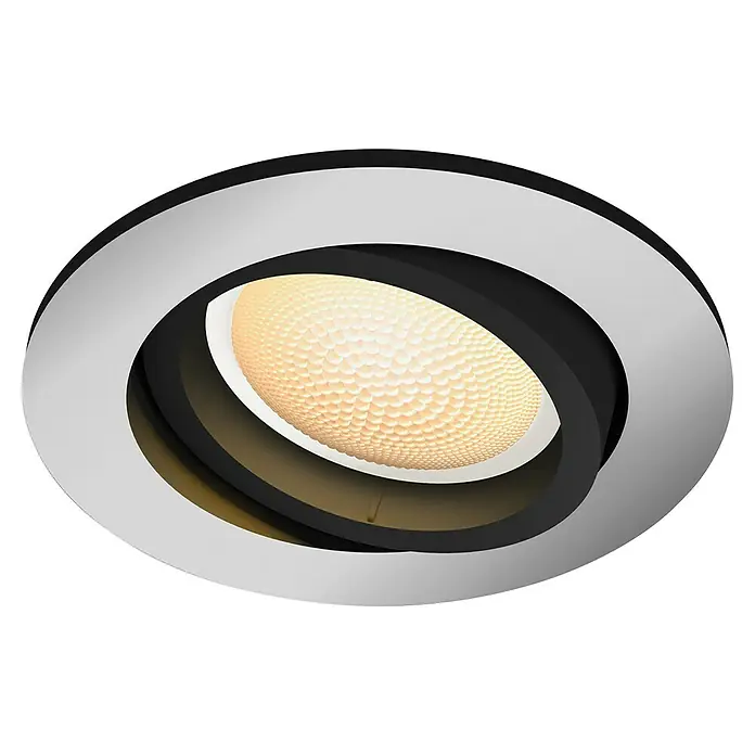 Philips Hue LED-Einbauspot White Ambience Recessed Milliskin - 4,2 W, Ø x H: 9 x 10 cm, Alu, 1 Stk., Kaltweiß - Nahaufnahme einer modernen Deckenleuchte mit einem skulpturalen Design, das durch seine runden Formen und warmes Licht besticht.