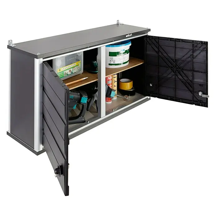 Wolfcraft Armario alto de taller - L x An x Al: 98,5 x 50 x 30 cm, Número de puertas: 2 ud., Tipo de montaje: Colgar - Imagen de un armario de herramientas abierto con diversas herramientas y materiales en dos estantes.