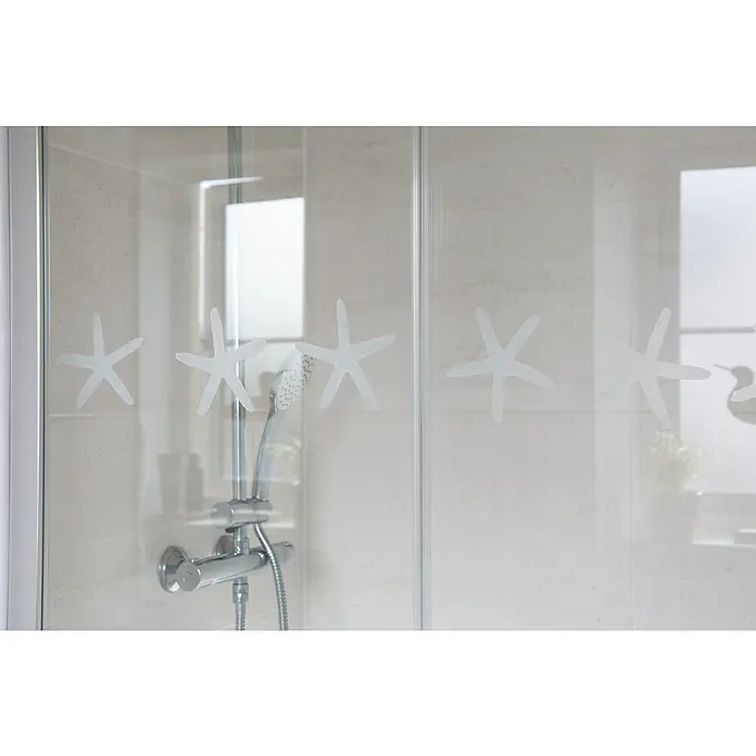 D-c-fix Glasfolie Frost - 200 x 67,5 cm, Transluzent, Selbstklebend - Duschkabine mit dekorativen Seestern-Motiven auf dem Glas, die für einen maritimen Touch im Badezimmer sorgen.